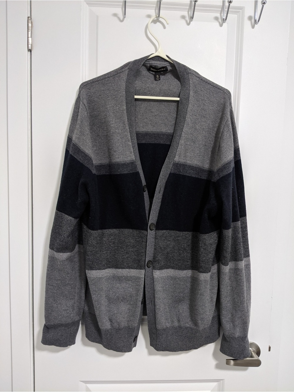 Banana Republic Men's Gray and Black Striped Cardigan